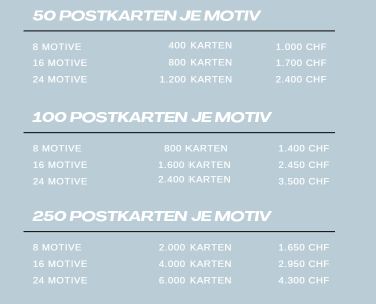 Preiseliste für Postkarten für Hotels